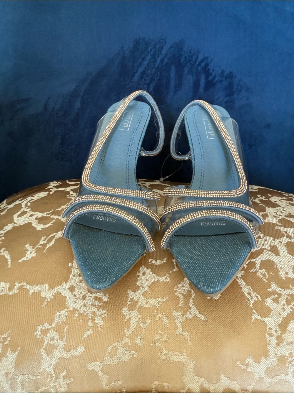 Blue Jeweled Slingback Heels with Rhinestone Trim
